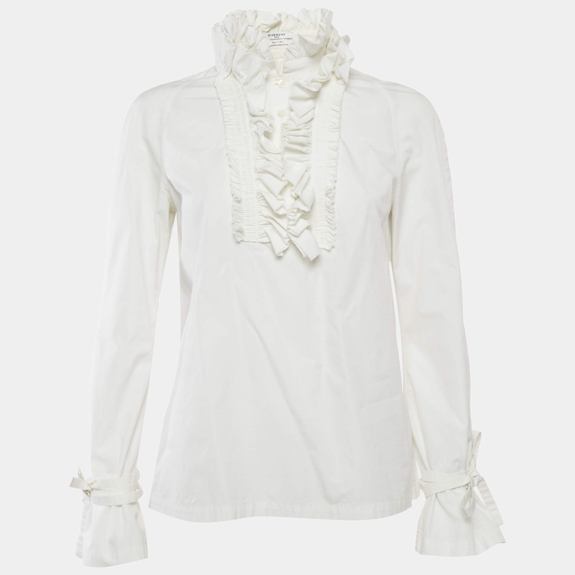 Pre Owned Givenchy White Cotton Poplin Buttoned Ruffled Neck Blouse M