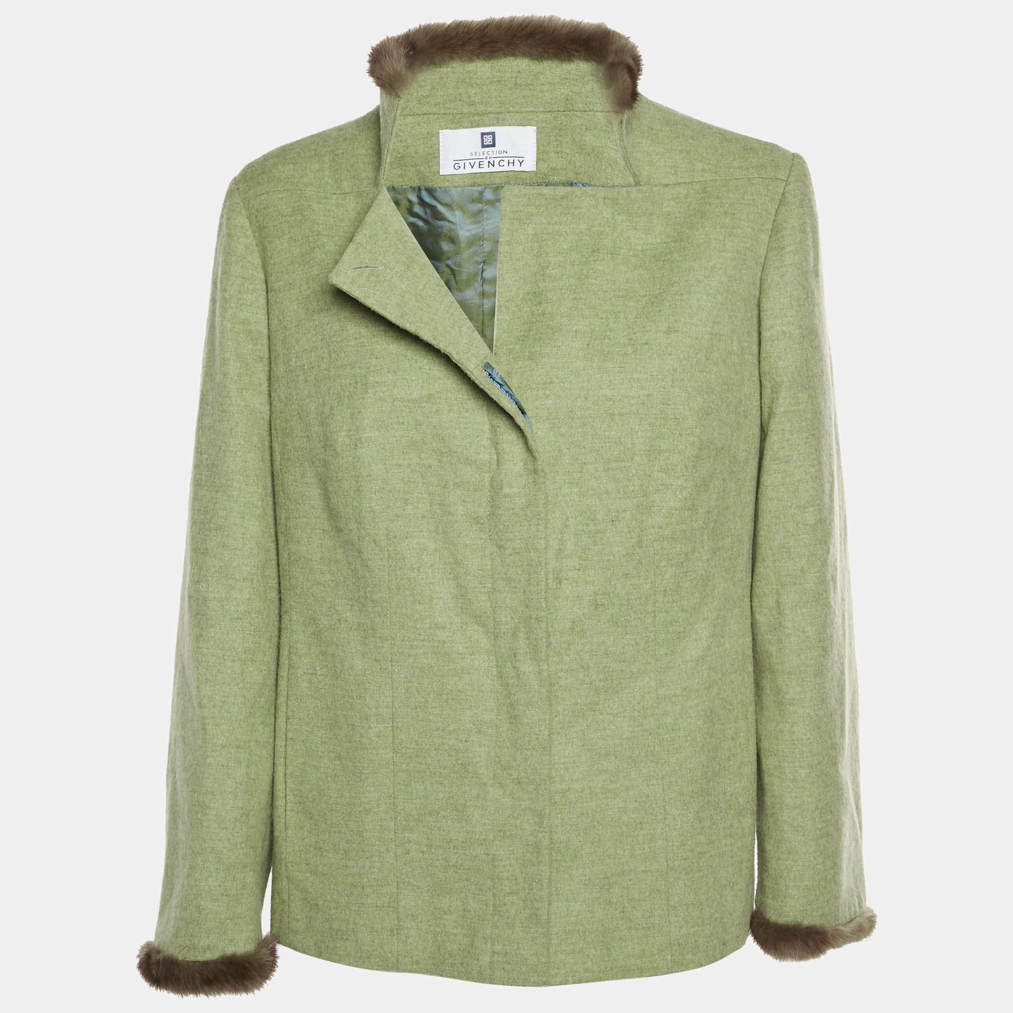مملوكة مسبقًا Givenchy Vintage Green Wool Blend Real Fur Trim Button Up Jacket XL