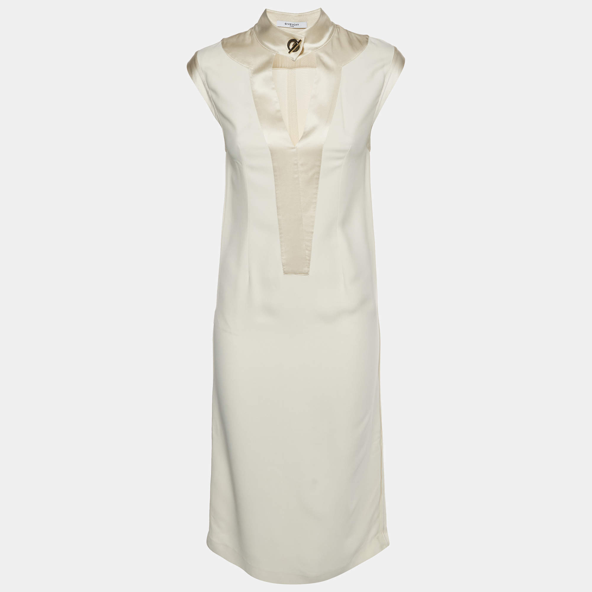Pre Owned Givenchy Cream Satin Trim Crepe Sleeveless Midi Dress S