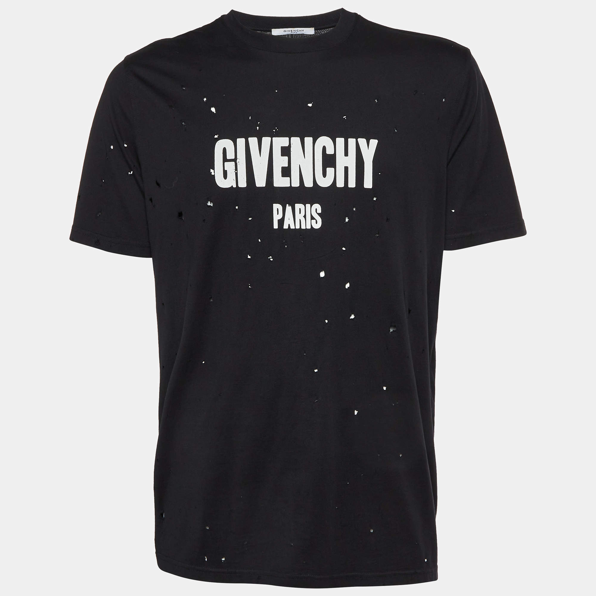 Pre Owned Givenchy Black Distressed Logo Print Cotton Crew Neck T-shirt S