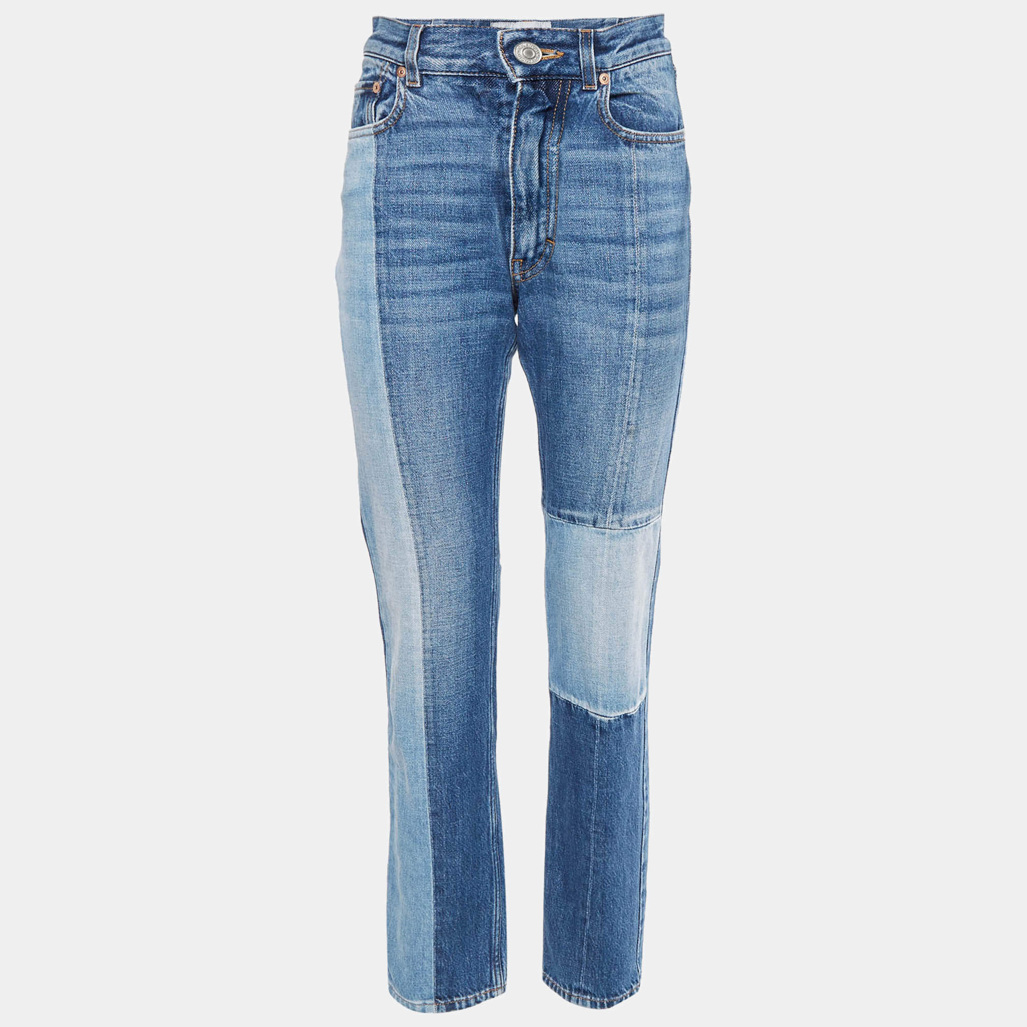 Pre Owned Givenchy Blue Denim Patch work Straight Leg Jeans S/Waist 26"