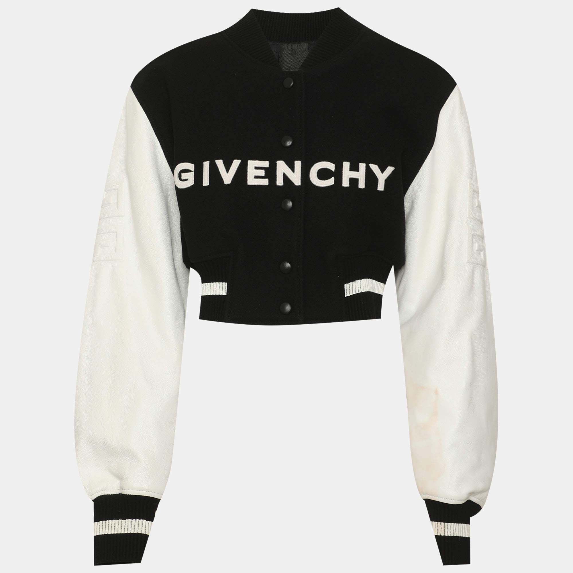 Pre Owned Givenchy White/Black Wool Blend and Leather Cropped Varsity Jacket S