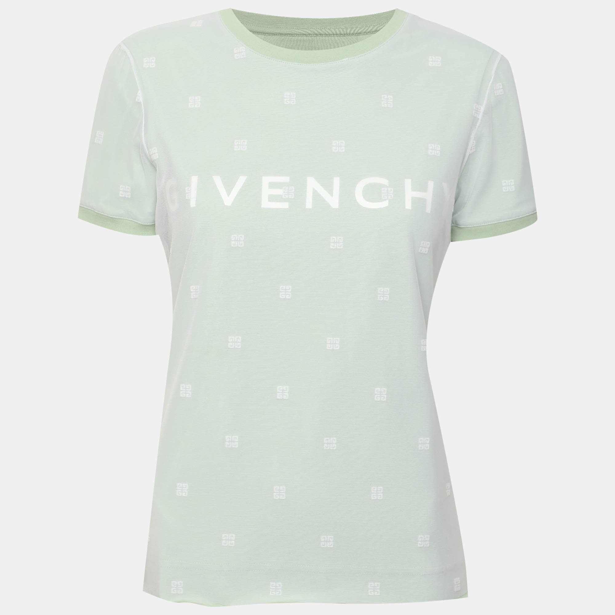Pre Owned Givenchy Green Tulle and Cotton Monogram Embroidered Double Layered T-Shirt XS