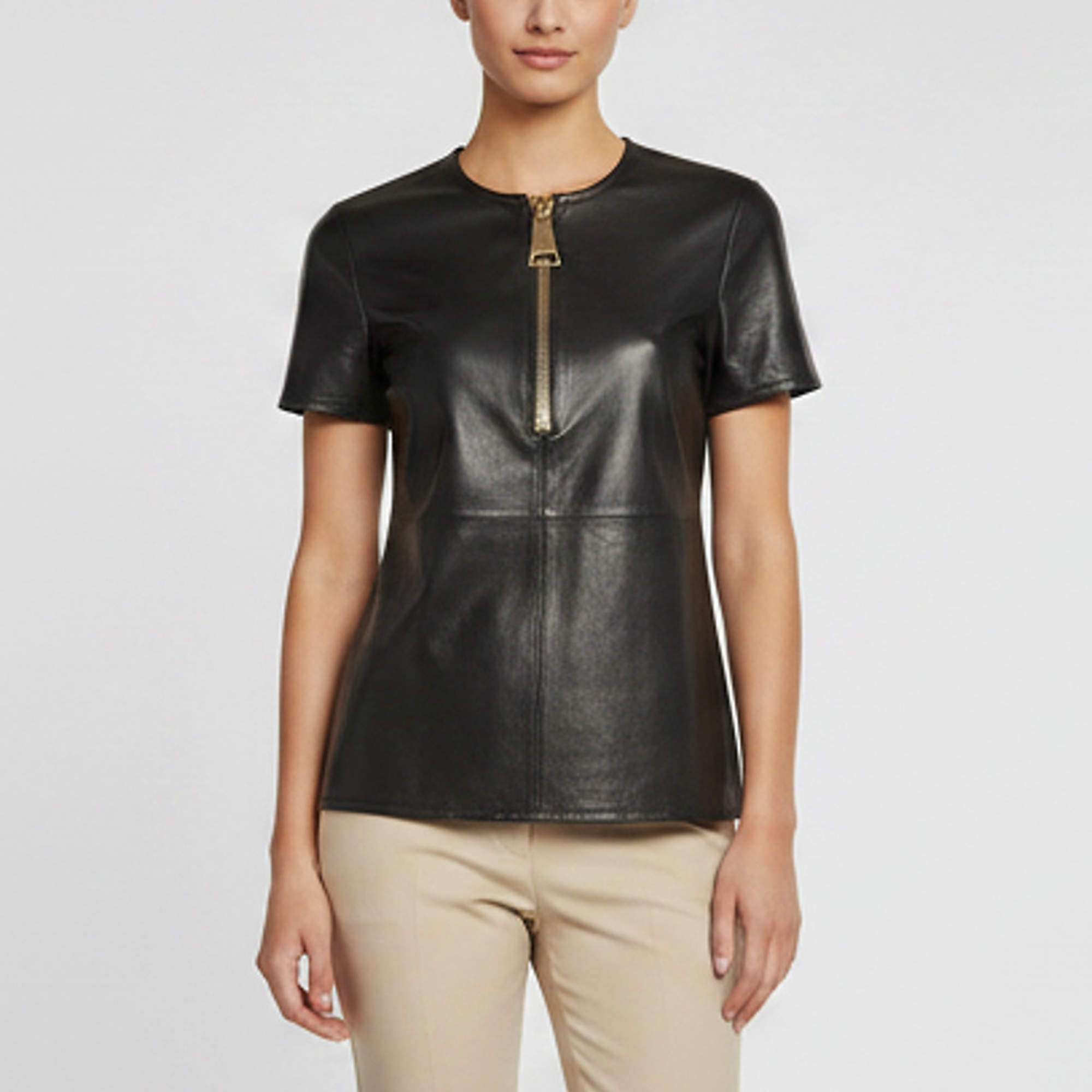 Pre Owned Givenchy Black Leather Front-Zip Short Sleeve Tunic Top S