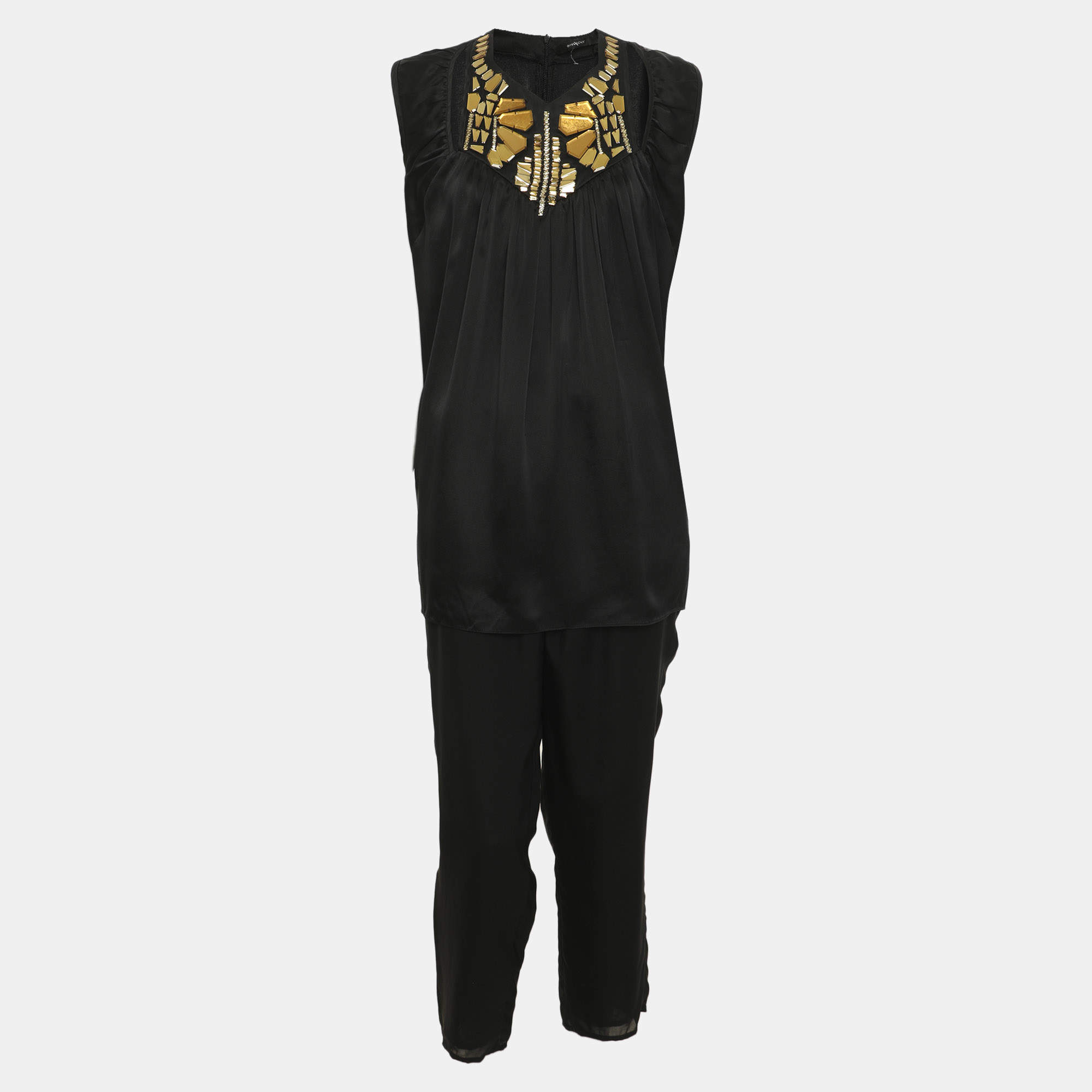 Pre Owned Givenchy Black Satin Crystal Embellished Tops and Trousers Set M
