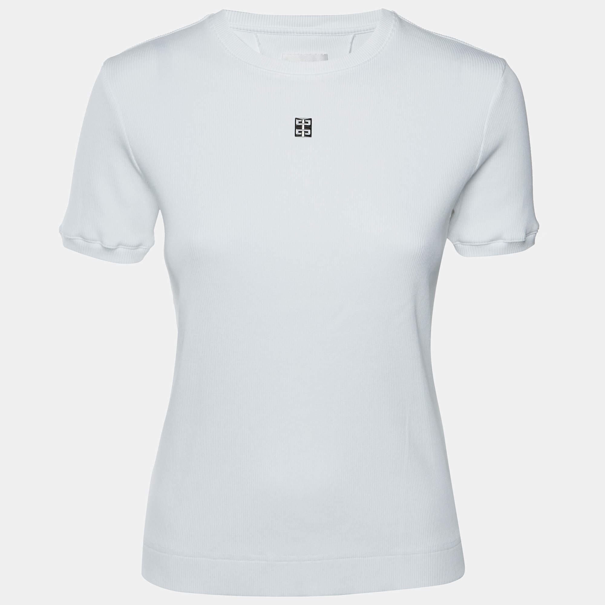Pre Owned Givenchy White Rib Knit 4G Logo Plaque Short Sleeve T-Shirt S