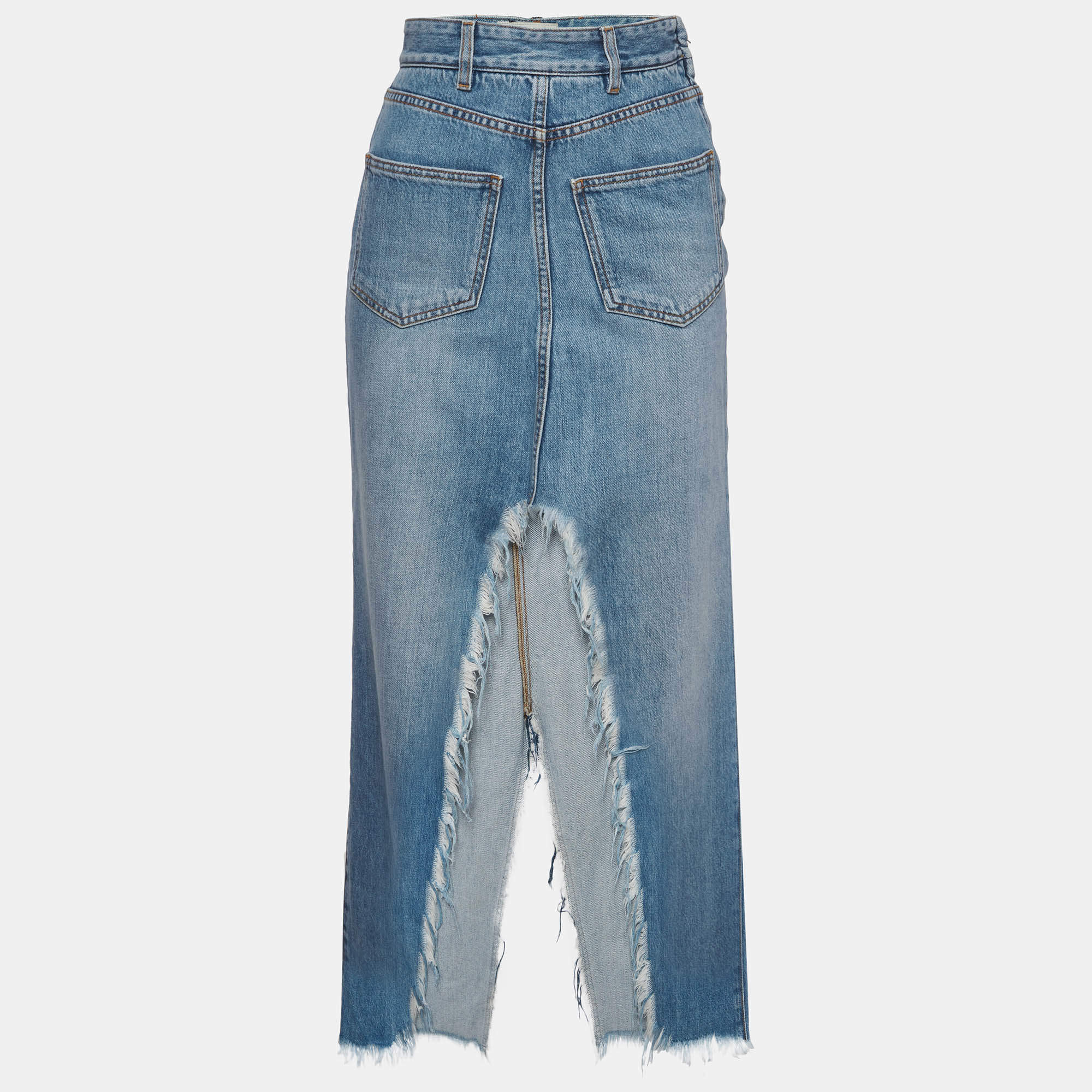 مملوكة مسبقًا Givenchy Blue Denim Distressed Frayed Hem Midi Skirt S