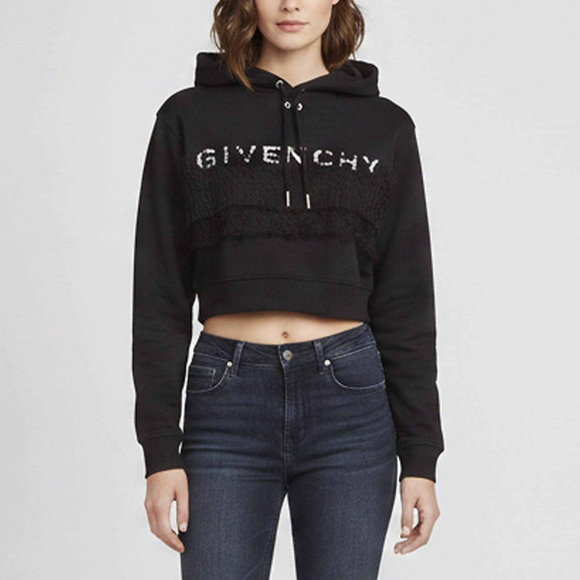 Pre Owned Givenchy Black Logo Embroidered Lace Trim Jersey Crop Hoodie S