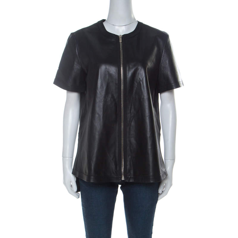 Givenchy Black Lambskin Zip Front Short Sleeve Top L