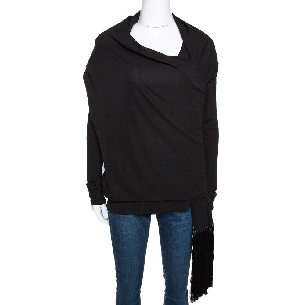 Pre Owned Givenchy Monochrome Crepe Fringed Shawl Detail Top M