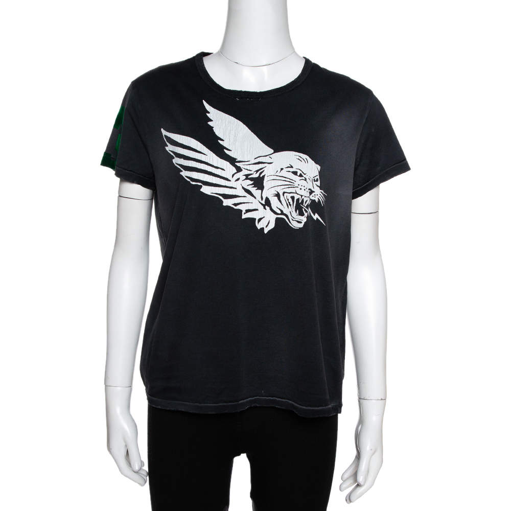 Givenchy Dark Grey Flying Cat Print Cotton Distressed T- Shirt L