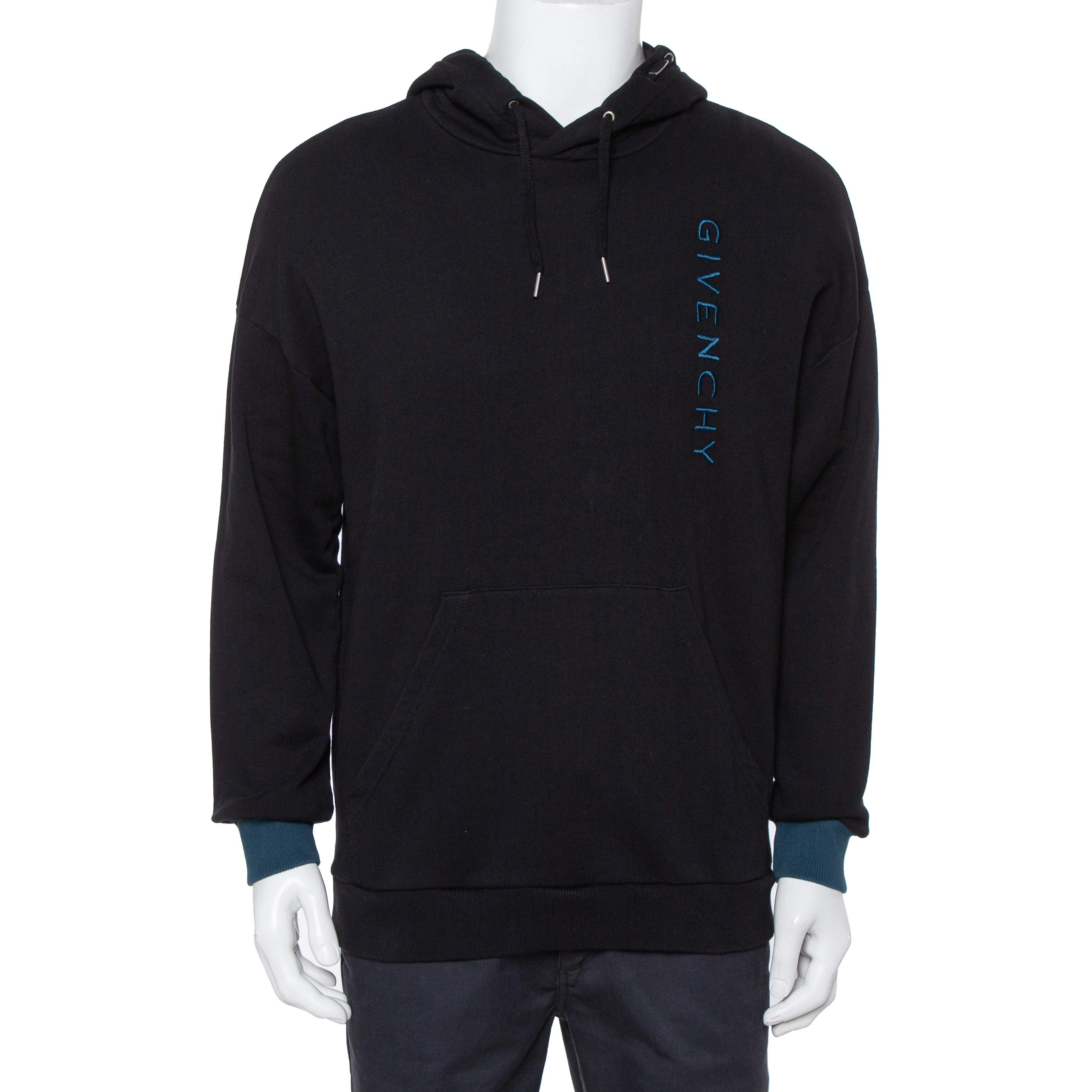 Pre Owned Givenchy Black Cotton Logo Embroidered Contrast Detail Hooded Sweatshirt S