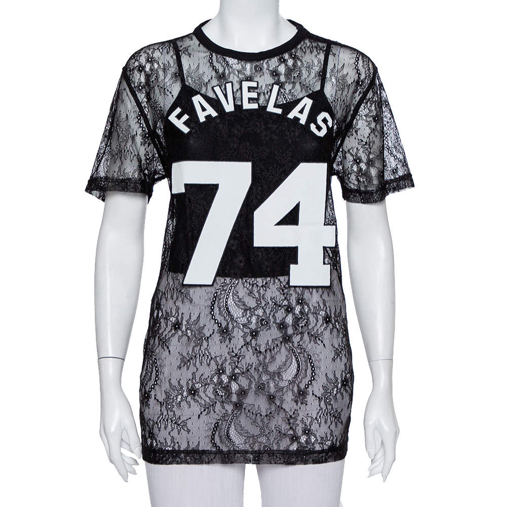 Givenchy Black Lace Favelas Applique Detail Short Sleeve Sheer Top S