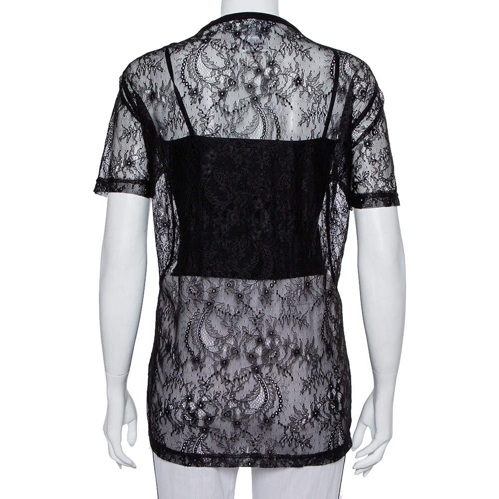 Givenchy Black Lace Favelas Applique Detail Short Sleeve Sheer Top