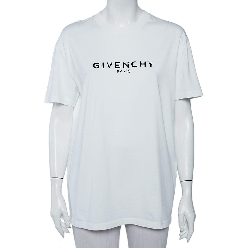 Pre Owned تي شيرت جيفنشي فينتدج قطن بطباعة الشعار أبيض بنمط واسع مقاس صغير جدًا - إكس سمول