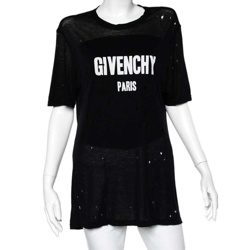 Givenchy Black Logo Printed Cotton Oversized Distressed T-Shirt M