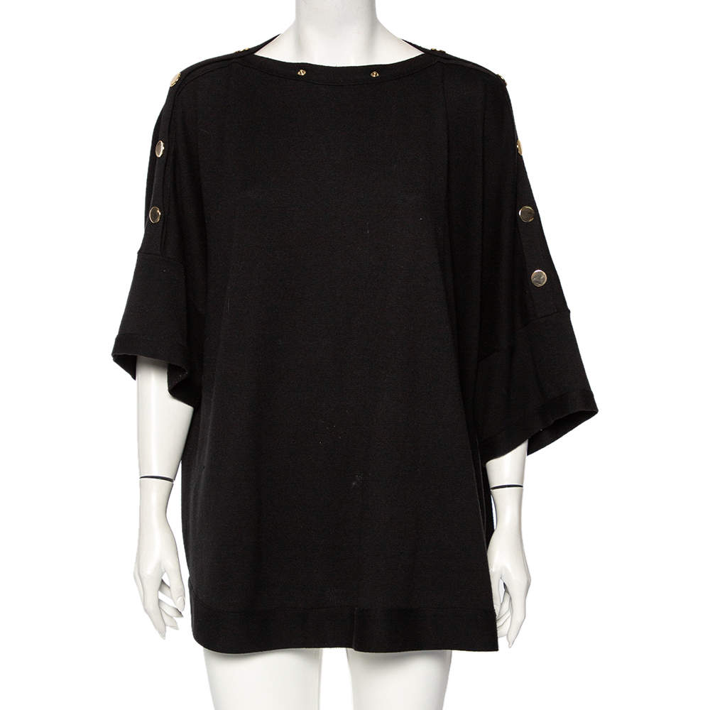 Pre Owned توب جيفنشي واسع تفاصيل كتف أزرار تريكو أسود مقاس صغير جدا