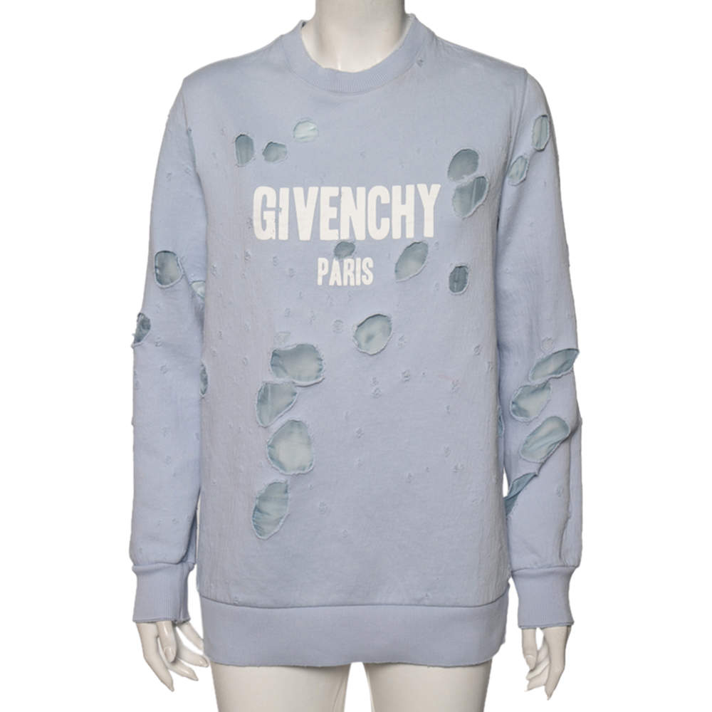 Givenchy Light Blue Cotton Logo Printed Distressed Oversized Sweatshirt XS