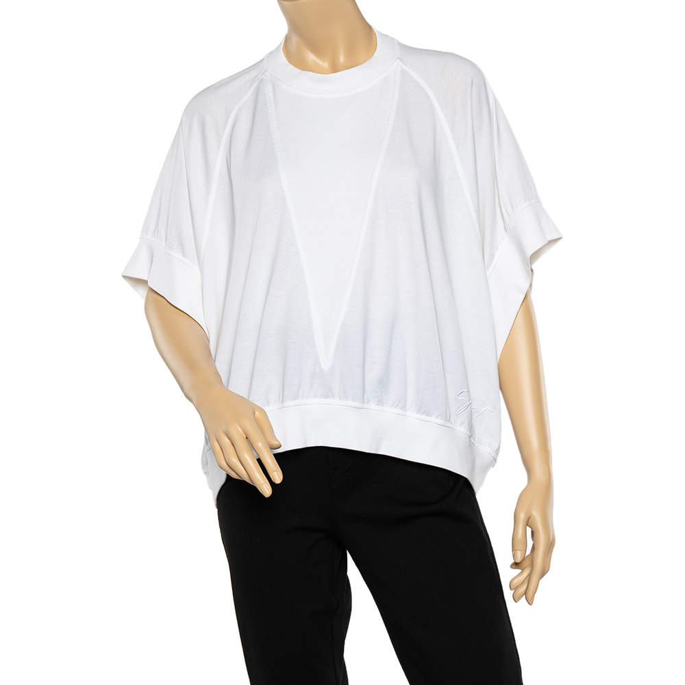 Pre Owned Givenchy White Cotton Logo Embroidered Batwing Sleeve Top XS