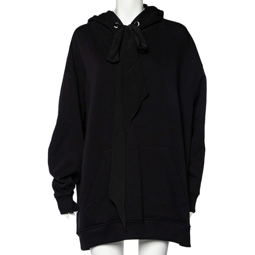Pre Owned Givenchy Black Cotton Logo Printed Silk Tie Detail Oversized Hooded Sweater Dress XS