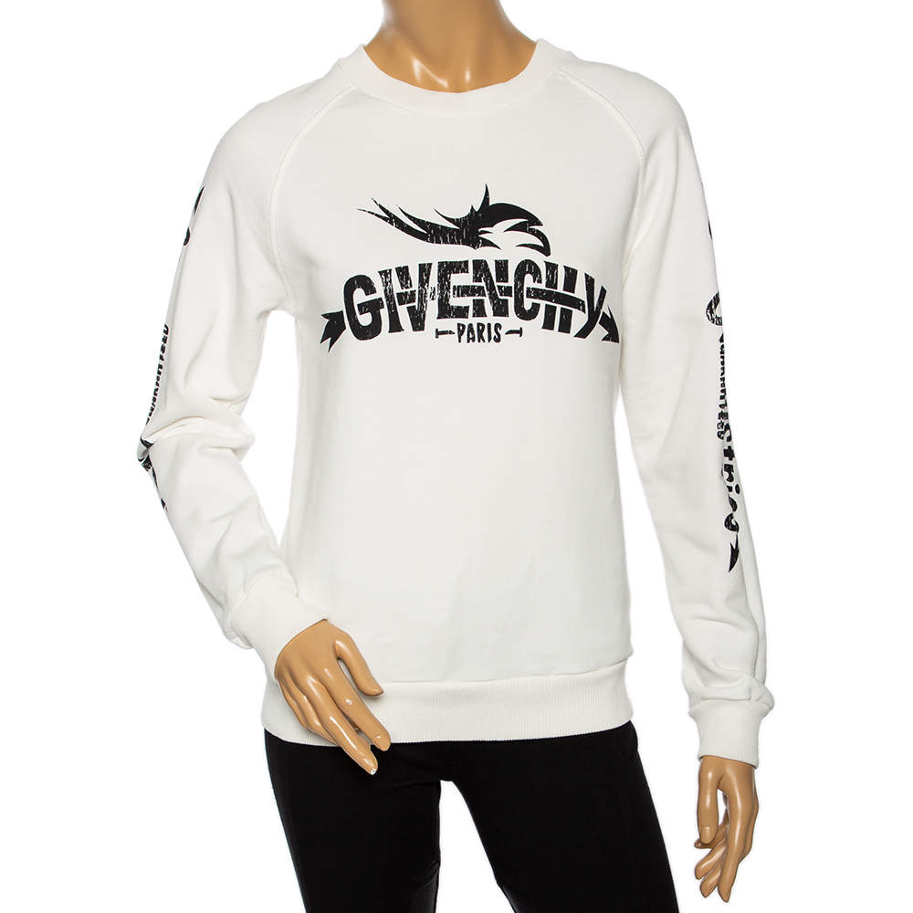 Pre Owned سويت شيرت جيفنشي قطن أبيض مطبوع شعار الماركة تريبال رقبة مستديرة مقاس صغير جداً (اكس سمول)