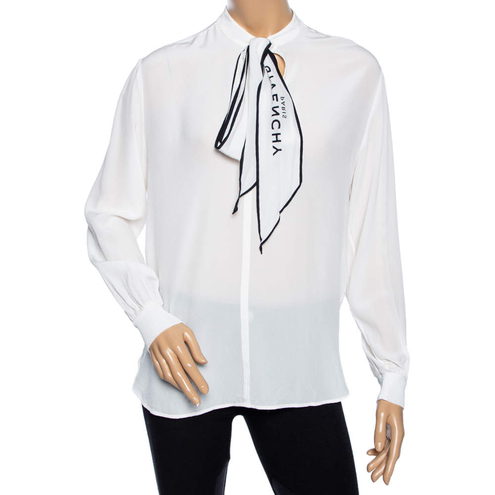 Pre Owned Givenchy White Silk Logo Scarf Detailed Long Sleeve Blouse S