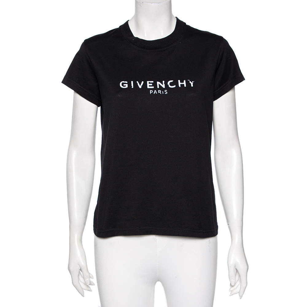Pre Owned تي شيرت جيفنشي قطن أسود مطبوع شعار الماركة باهت ر قبة مستديرة مقاس صغير (سمول)