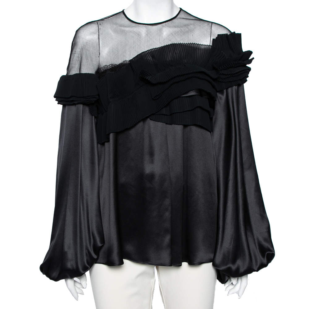 Givenchy Black Silk & Mesh Paneled Plisse Trimmed Blouse M