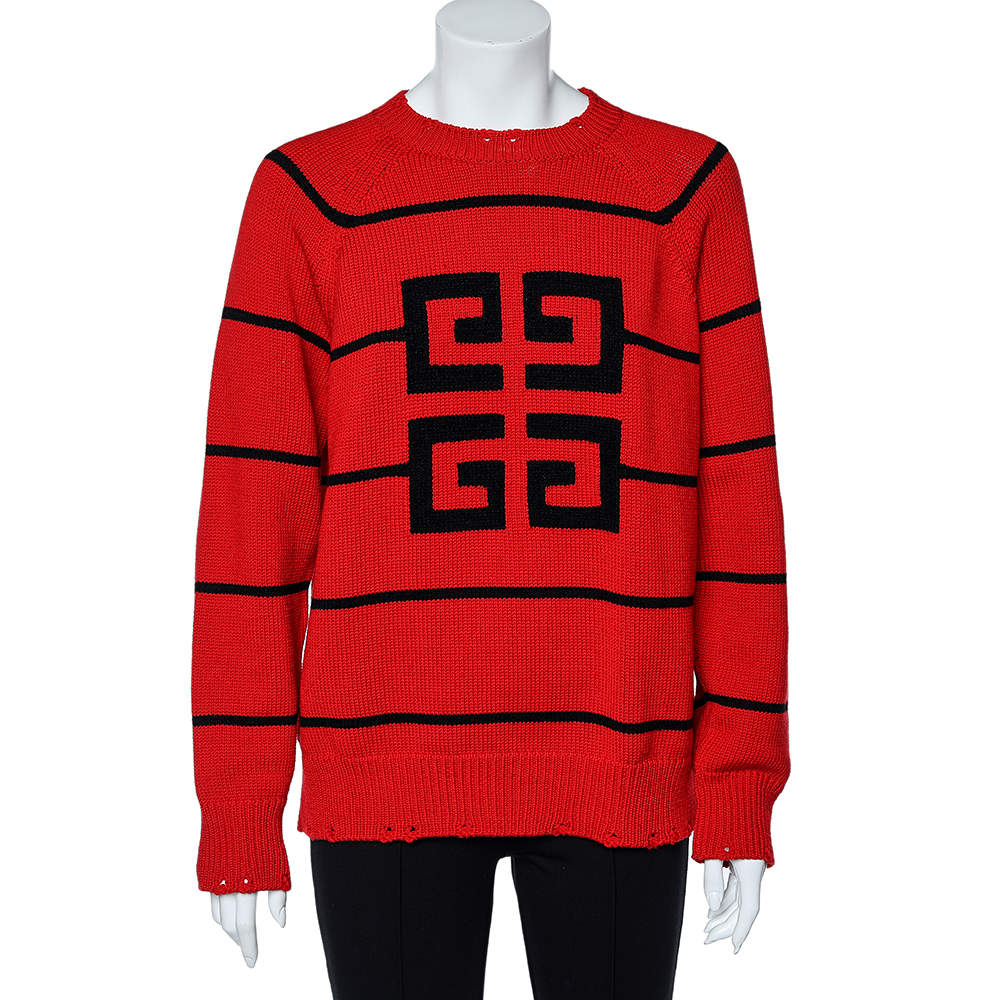 Givenchy Red Logo Intarsia Knit Oversized Sweater S