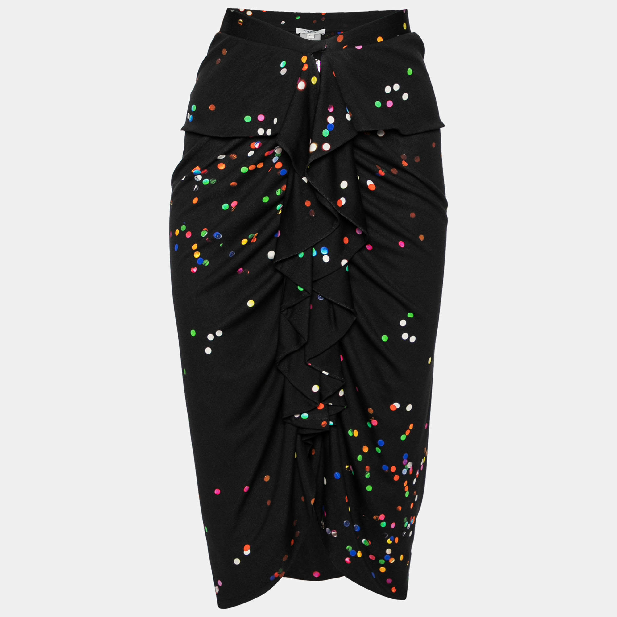 Pre Owned Givenchy Black Confetti Polka Dot Printed Silk Jersey Draped Skirt M
