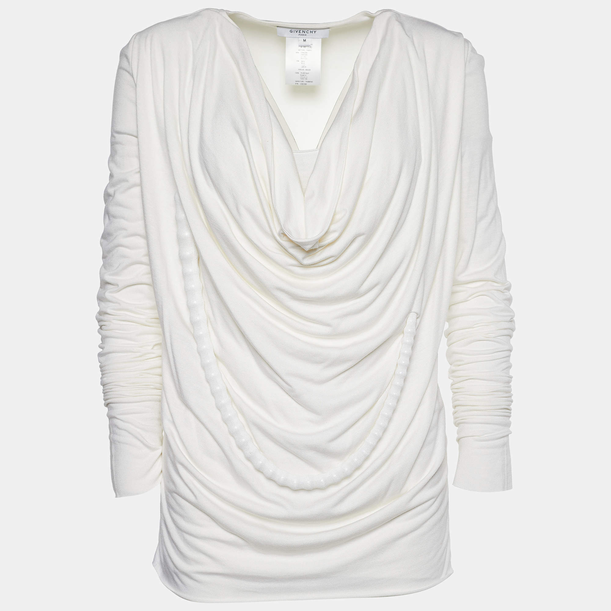 Givenchy Off-White Stretch Knit Beaded Chain Detail Draped Blouse M