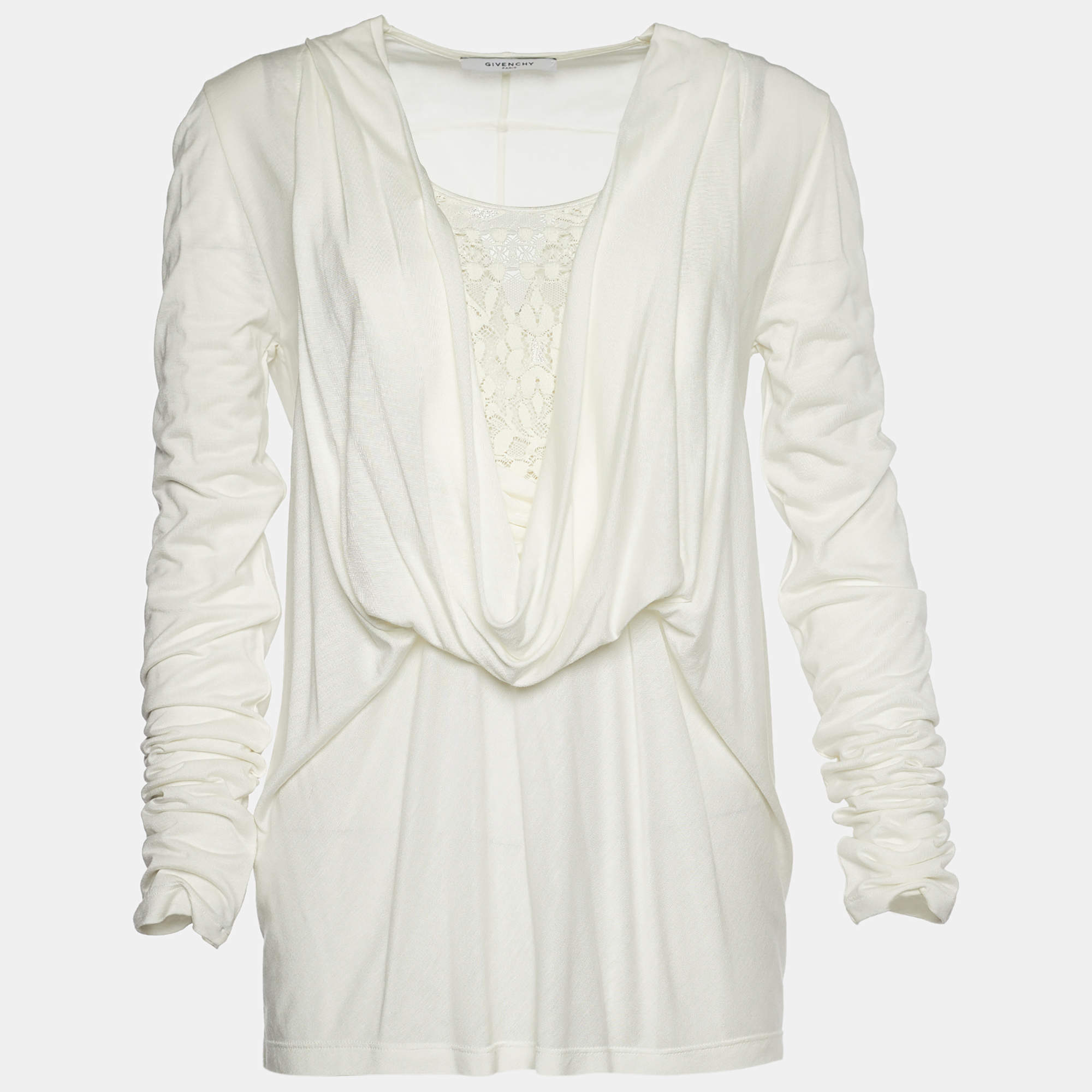 Givenchy Off-White Knit Lace Inlay Cowl Neck Lace Blouse L