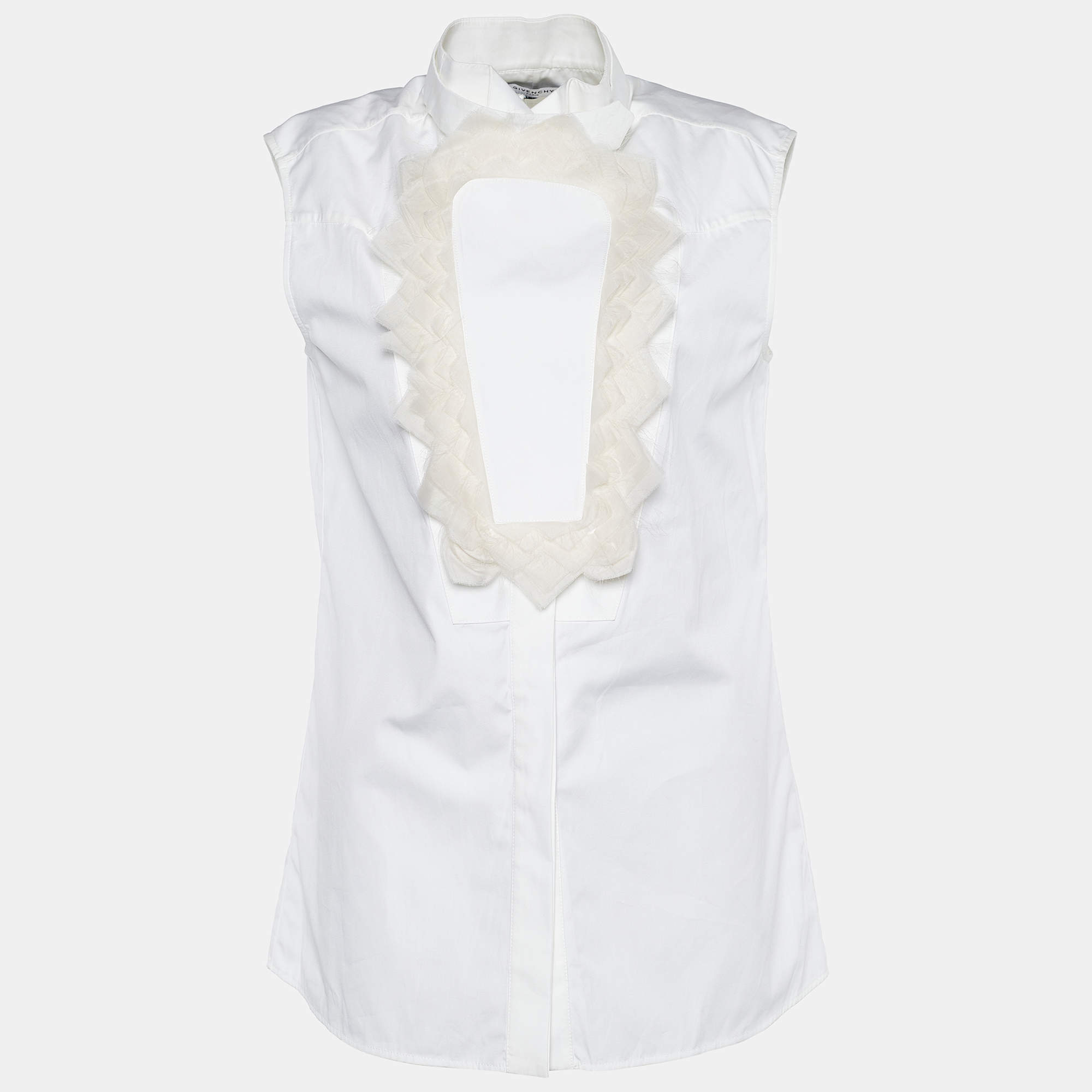 Pre Owned قميص جيفنشي  أورغانزا قطن أبيض بلا أكمام وبحواف مكشكشة مقاس متوسط - ميديوم