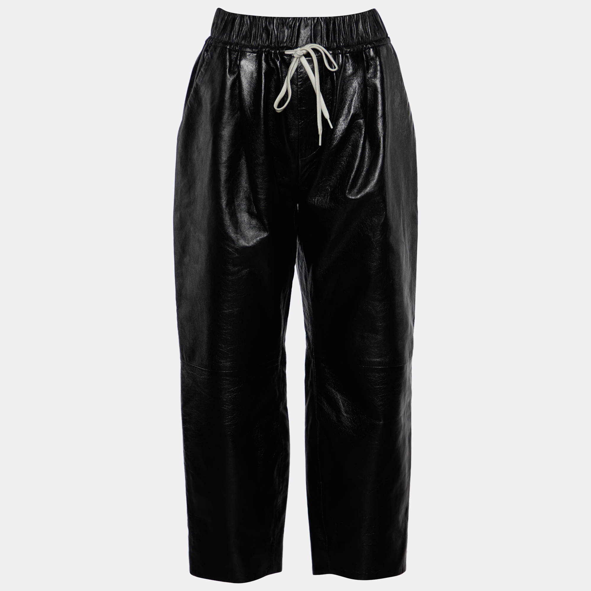 Pre Owned Givenchy Black Leather Drawstring Waist Cropped Trousers M