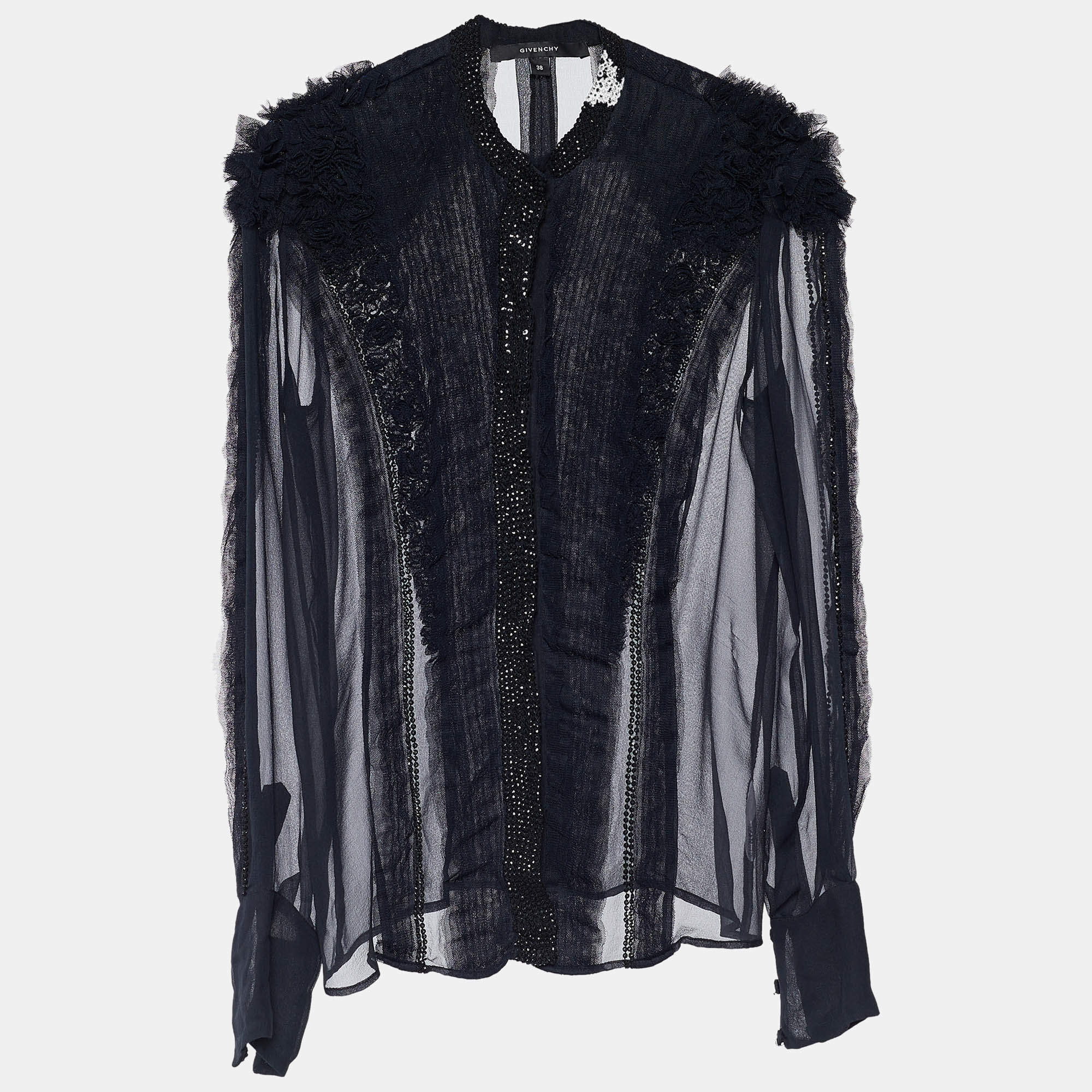 Pre Owned Givenchy Black Silk Mesh Ruffled & Embellished Sheer Blouse M