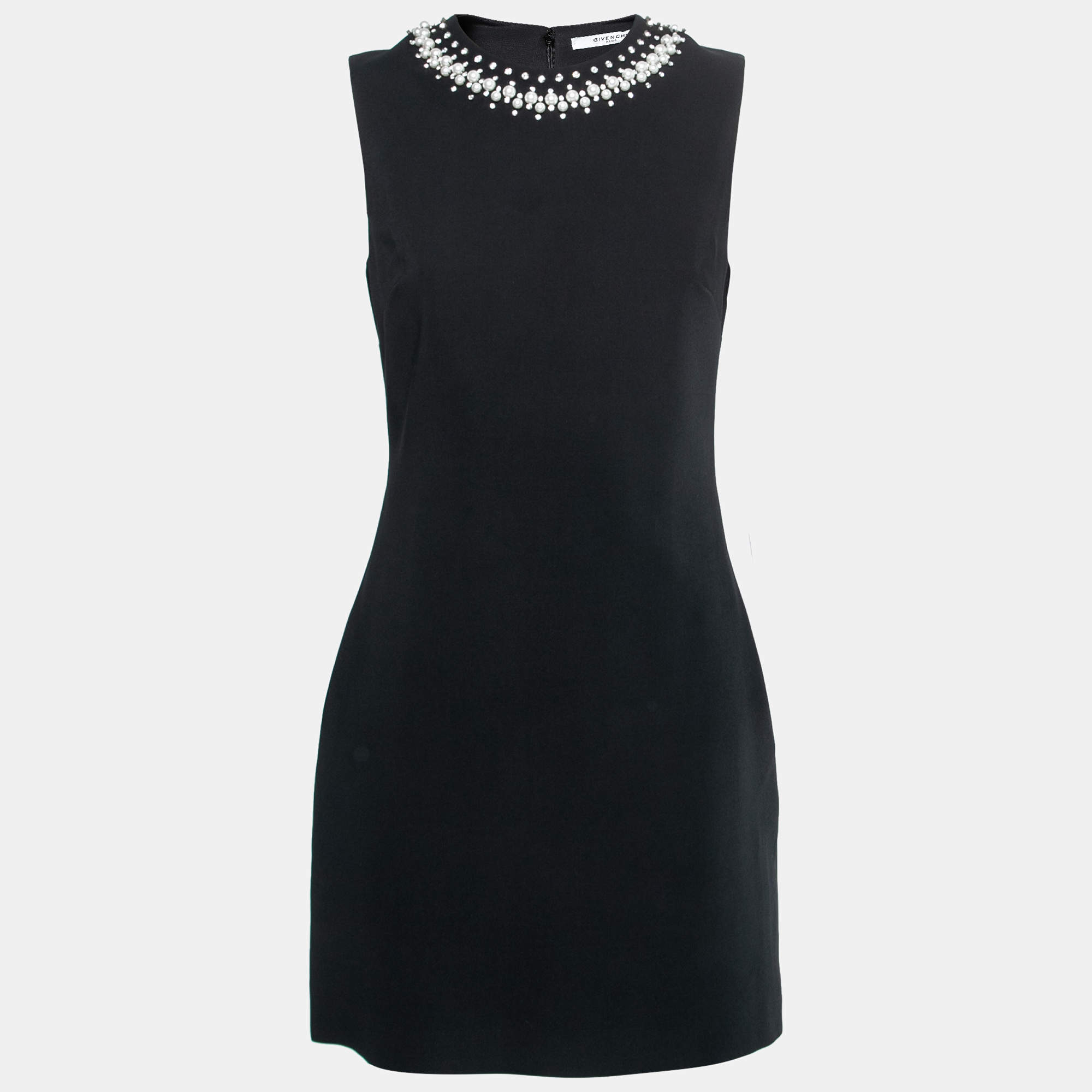 Pre Owned Givenchy Black Crepe Neck-Embellished Sheath Dress M