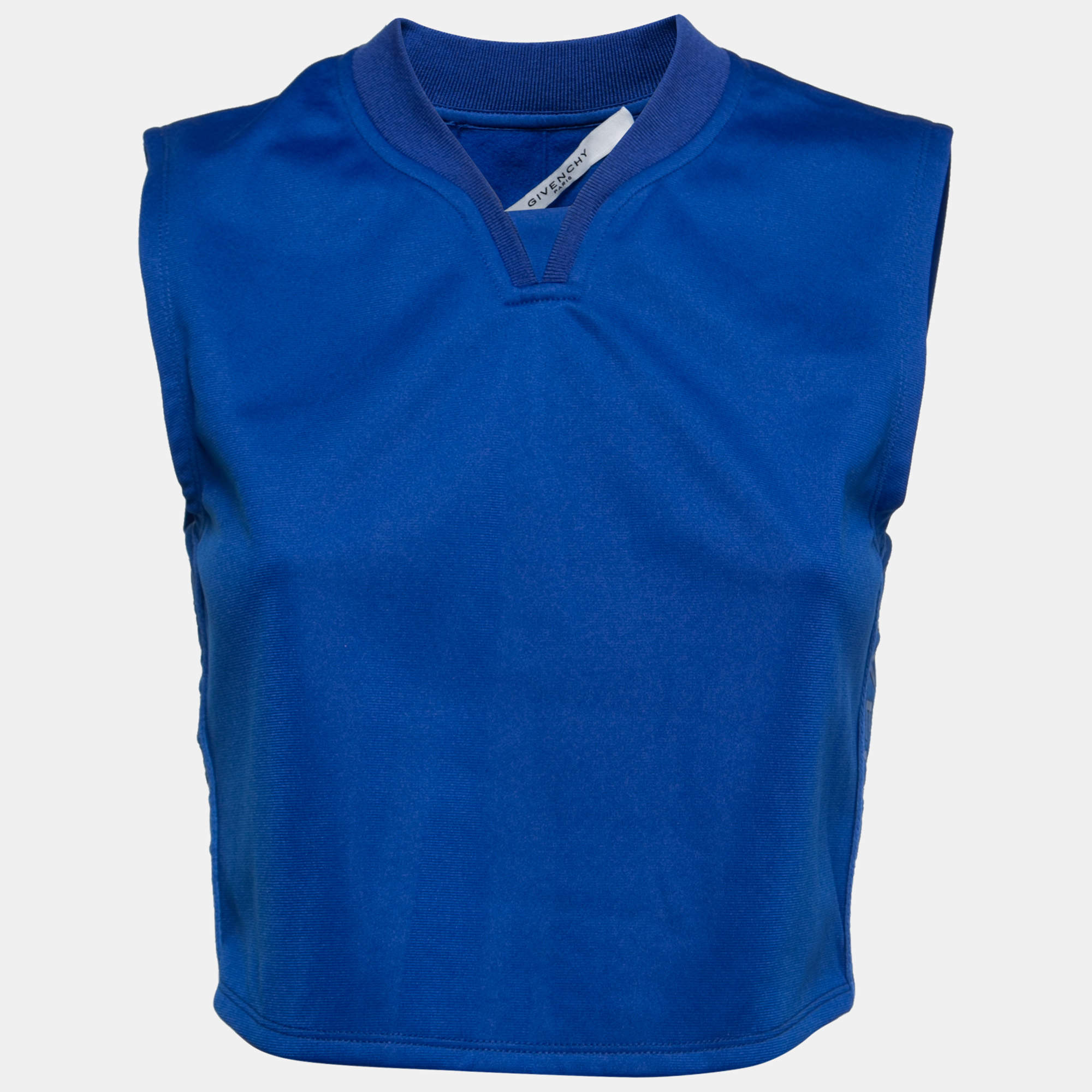 Pre Owned Givenchy Blue Cotton Knit Logo Tape Trimmed Sleeveless Top M