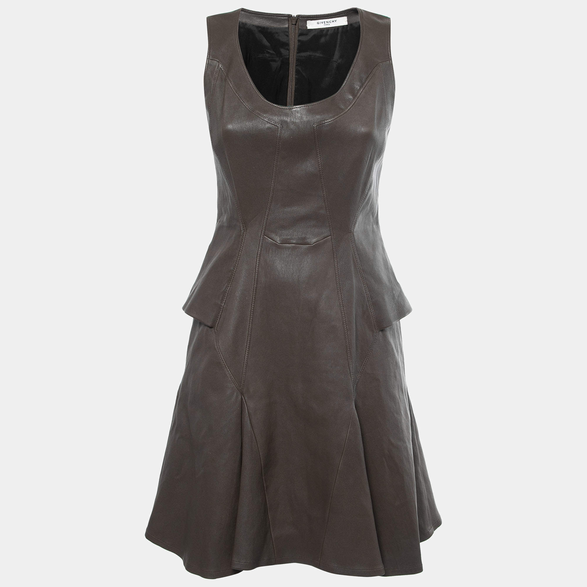 Pre Owned Givenchy Dark Brown Leather Flared Midi Dress M