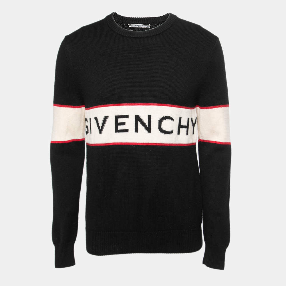 مملوكة مسبقًا Givenchy Black Wool Logo Crewneck Pullover M