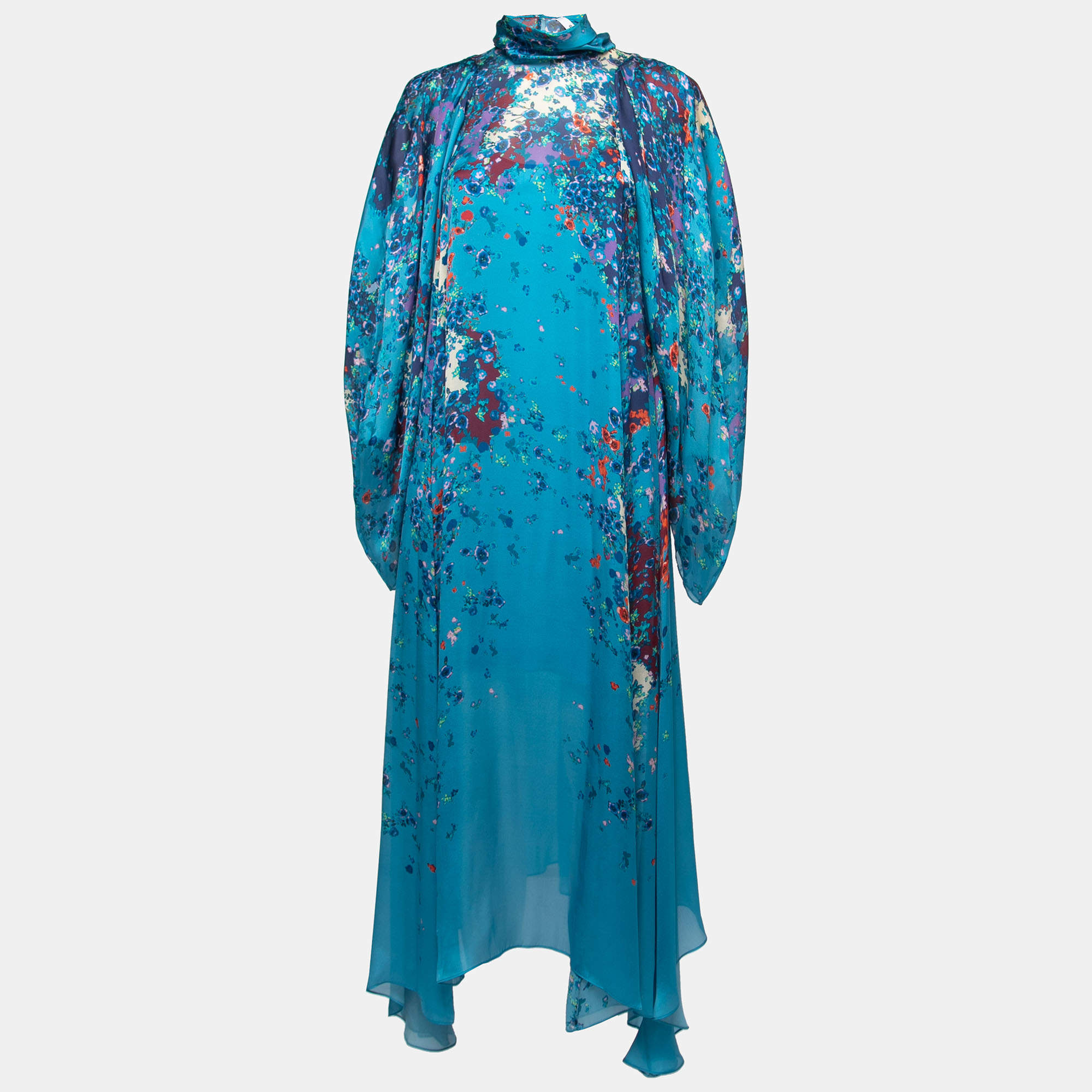 Givenchy Blue Floral Printed Chiffon Silk Tie Neck Maxi Dress S