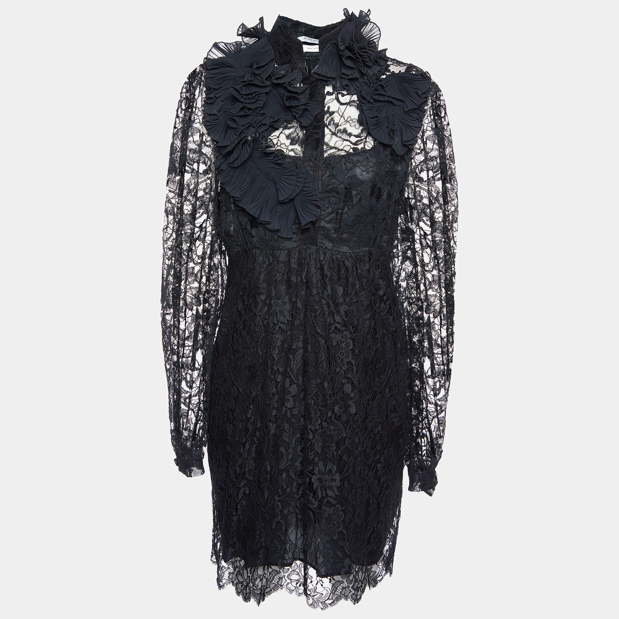 Givenchy Black Lace Ruffle Applique Detail Midi Dress L