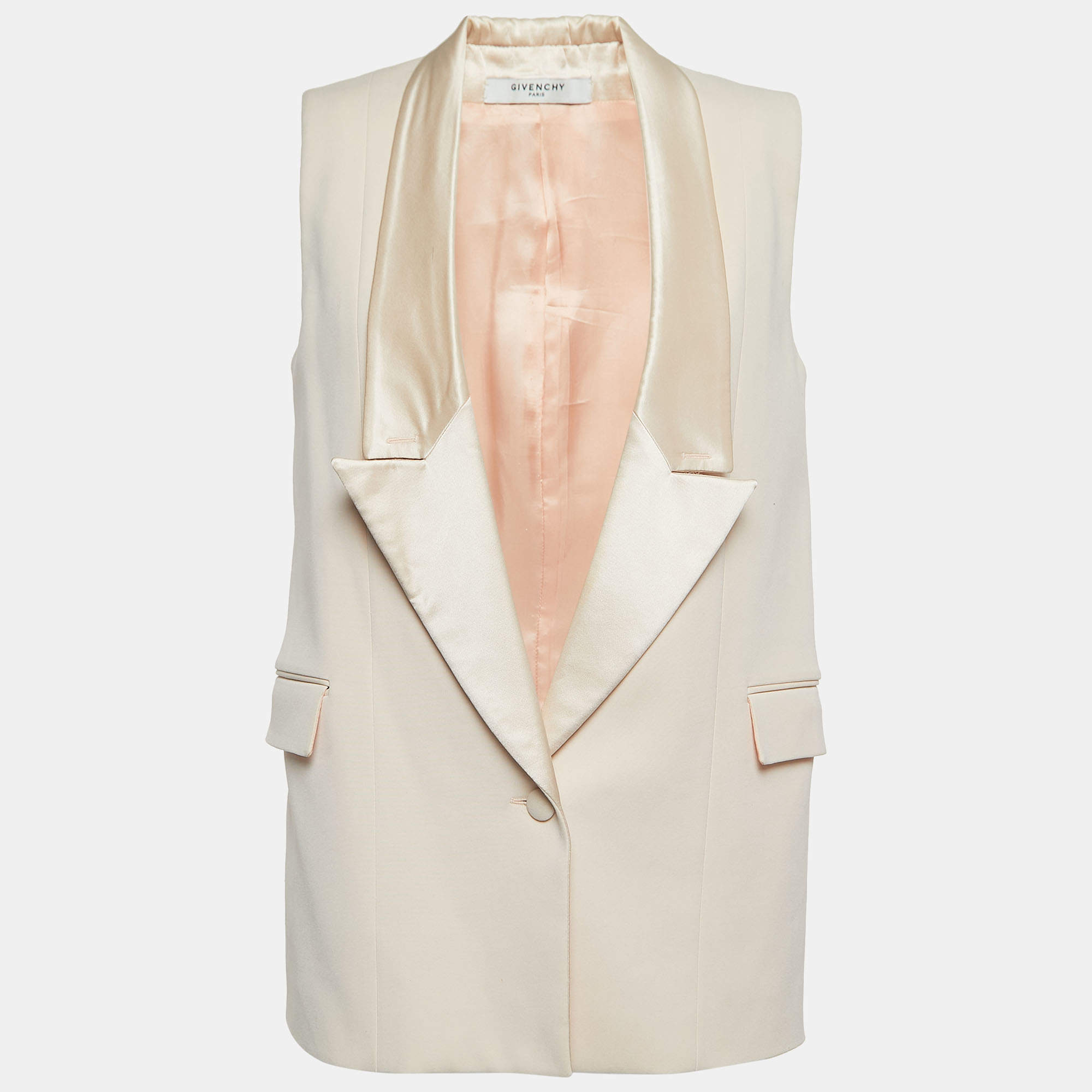 Pre Owned Givenchy Light Pink Cotton Blend Satin Trim Sleeveless Long Blazer M