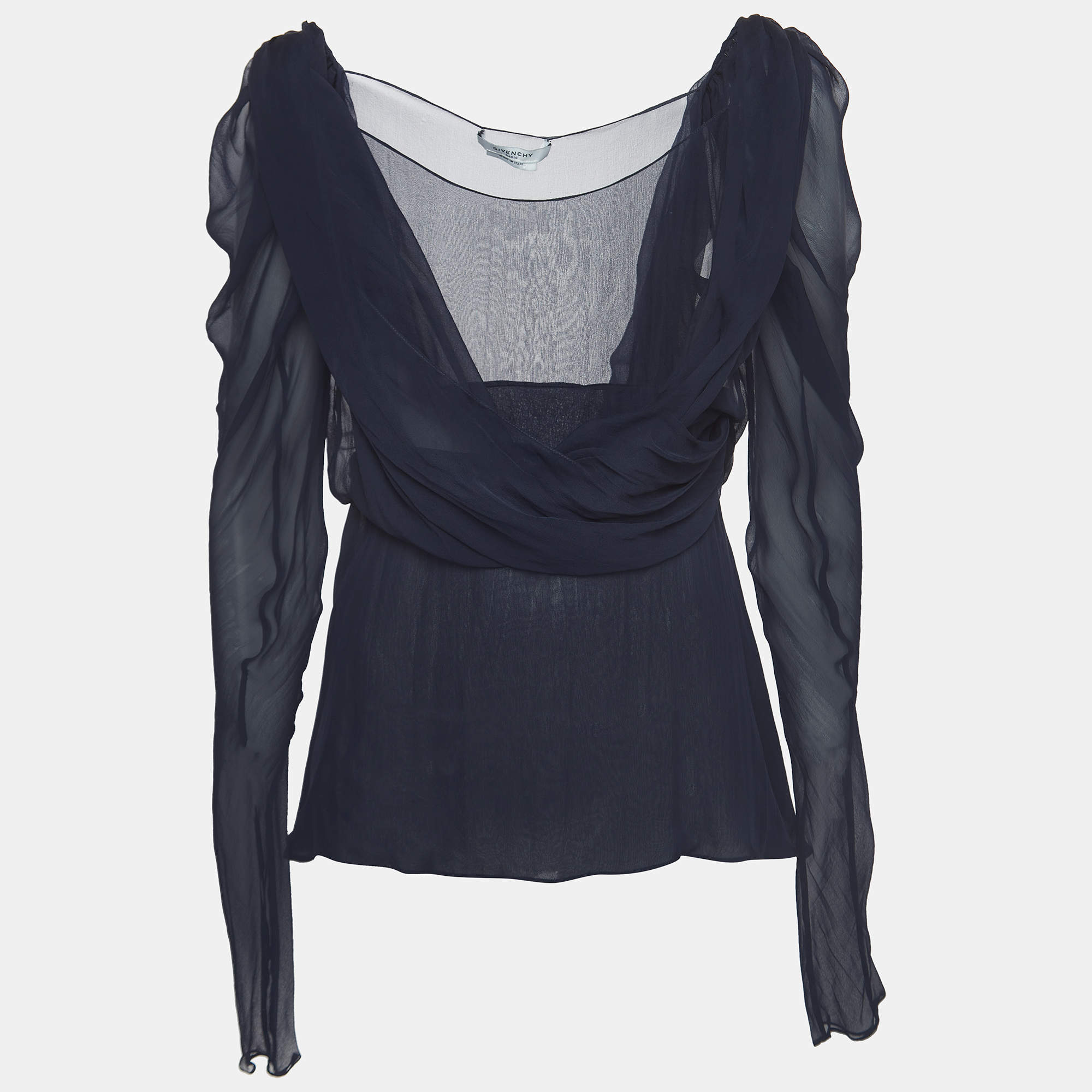 Givenchy Navy Blue Draped Silk Chiffon Long Sleeve Blouse M