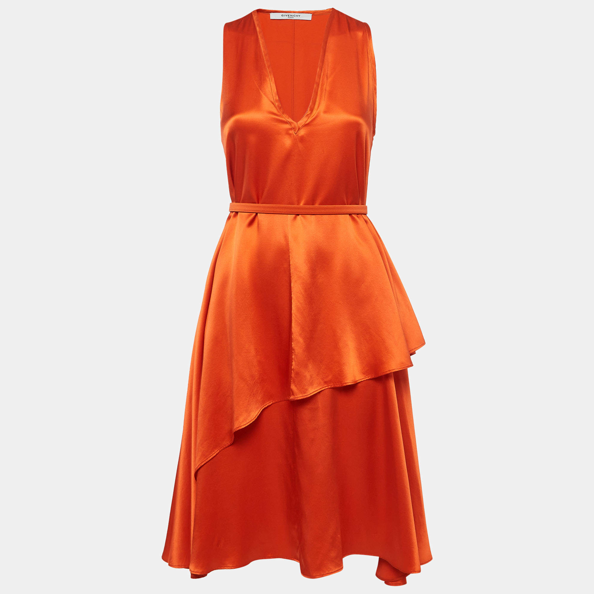 Givenchy Orange Satin Belted Sleeveless Layer Dress M