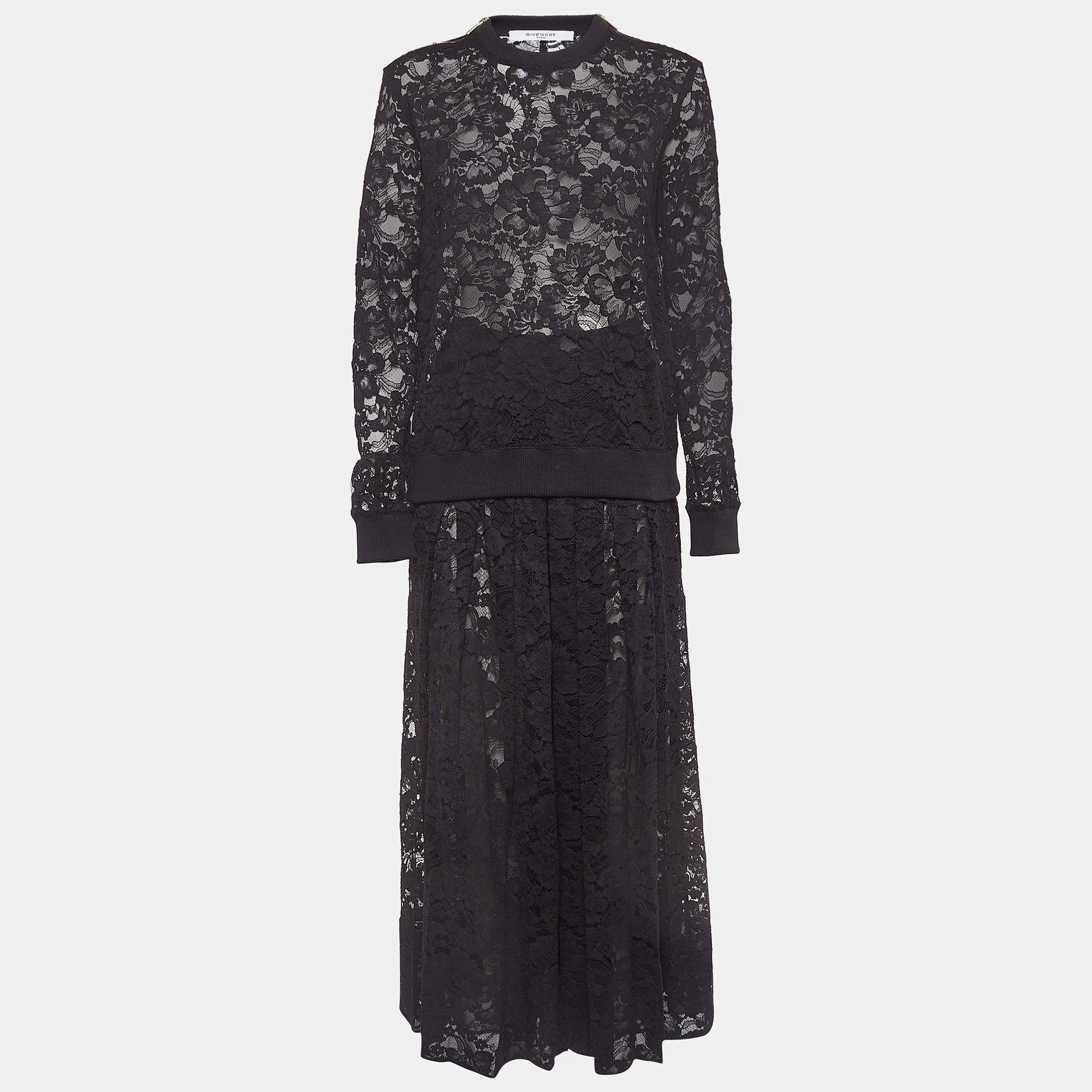 Pre Owned Givenchy Black Floral Lace Semi Sheer Top and Pants Set M