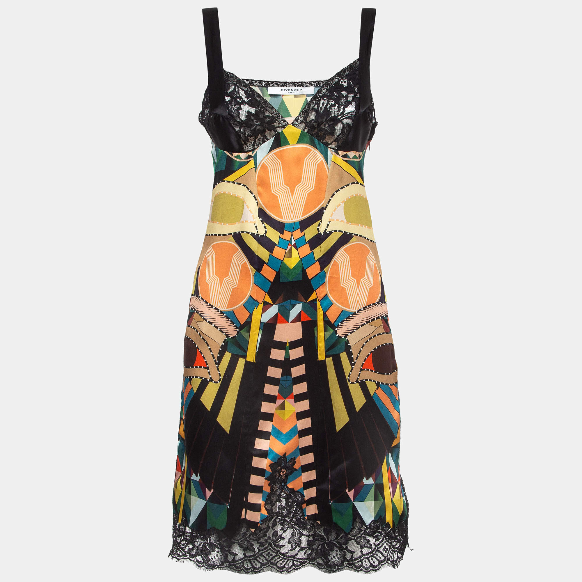 Givenchy Multicolor Printed Lace Trim Satin Slip Dress M