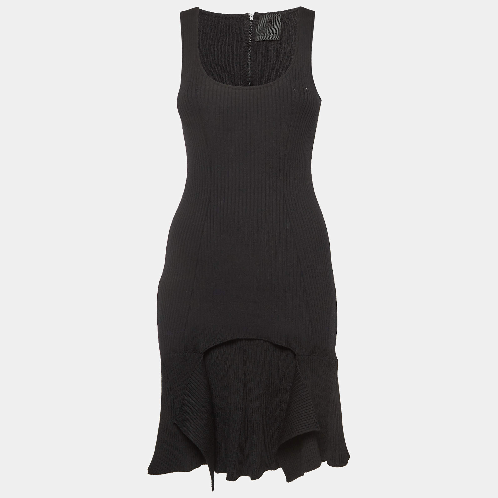 Givenchy Black Rib Knit Panelled Flounce Midi Dress S