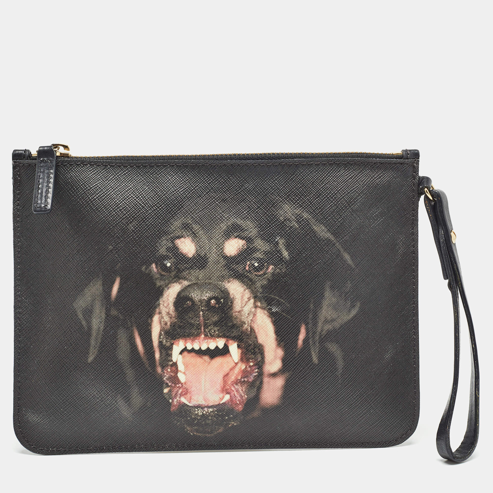 Pre Owned Givenchy Black Coated Canvas Rottweiler Face Wristlet Pouch