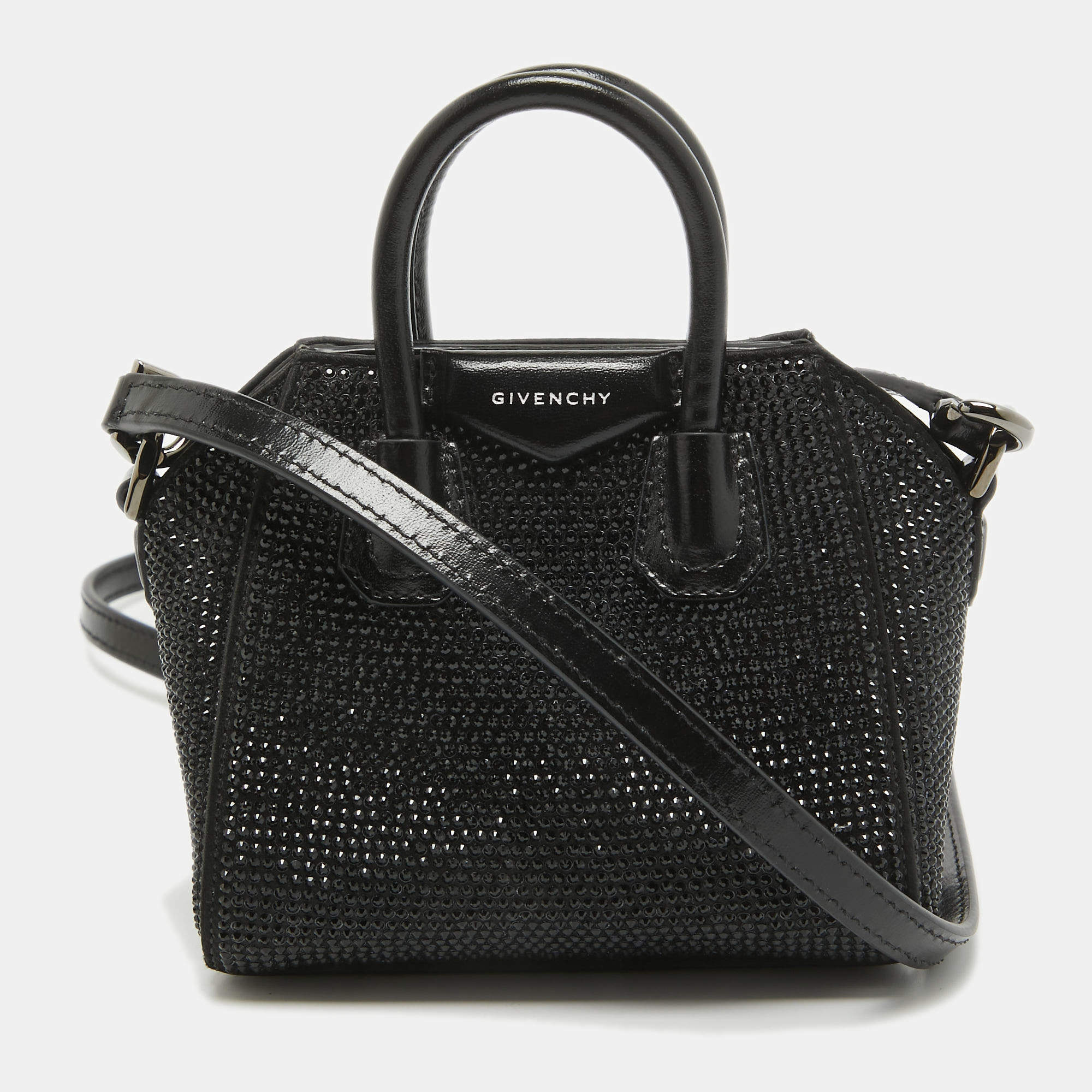 Pre Owned Givenchy Black Satin and Leather Micro Antigona Crystals Crossbody Bag