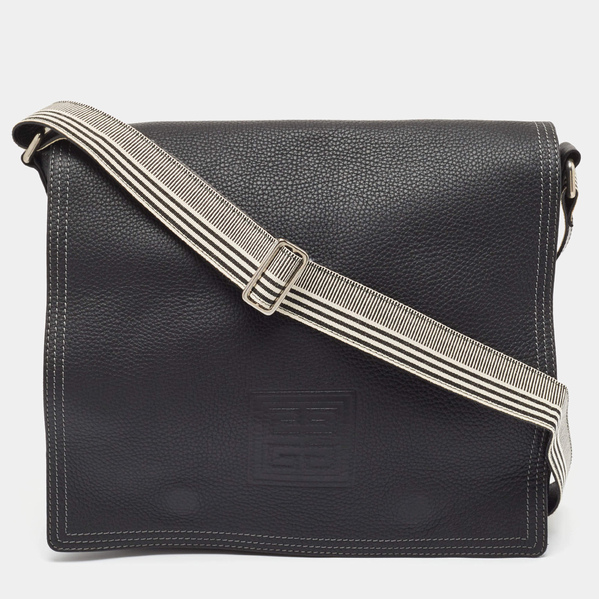 Givenchy Black Leather Logo Embossed Flap Messenger Bag